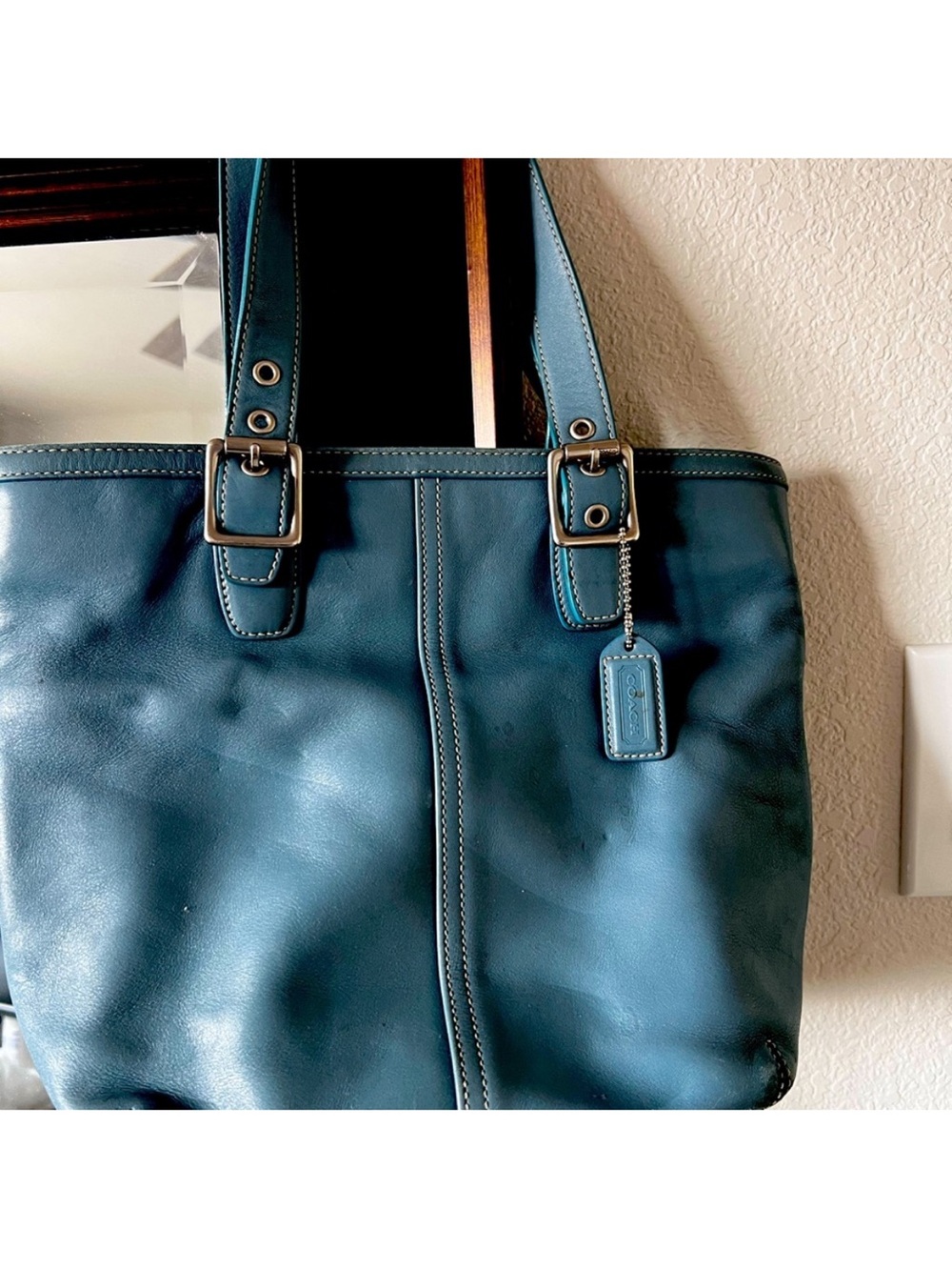 Coach Teal Hampton Leather Tote with Silver Hardware